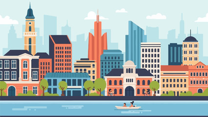 Obraz premium A stylized cityscape featuring diverse buildings, trees, and a serene river with a small boat