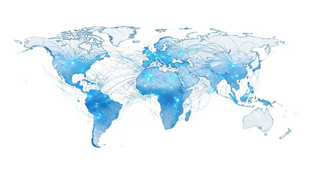 Digital world map with global connection lines isolated on transparent background