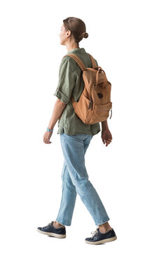 Full length portrait of a young woman walking isolated transparent PNG, student girl full body photo PNG with transparent background precisely cut out with clipping path.