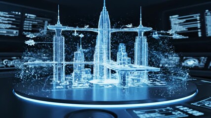 Futuristic city hologram holographic model blue glowing skyline digital architecture smart city visualization augmented reality Holographic city skyline projection with blue light beam and futuristic - Powered by Adobe