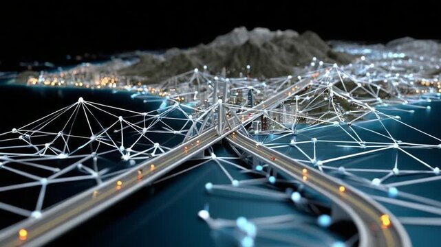 Digital Network Connectivity: An abstract illustration showing a detailed network connection, interconnected by points and lines forming a bridge over a simulated terrain.