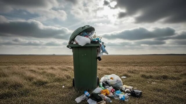 Overflowing trash bin in vast field under dramatic cloudy sky highlighting waste management issues