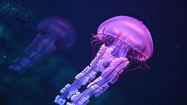 Vibrant Purple Jellyfish Swimming in Dark Blue Water, Ethereal Marine Life with Glowing Tentacles and Translucent Bell
