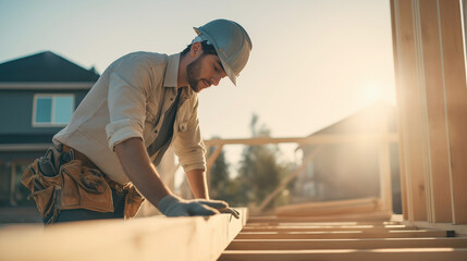 Focused construction worker in hard hat and tool belt inspects a wooden floor frame at a residential site during sunset