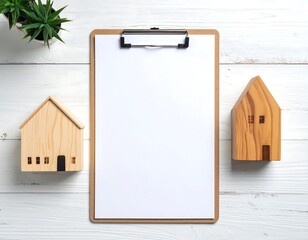 Minimalist desk blank clipboard, tiny wood houses, potted plant on white planks. Neutral, bright, professional, clean