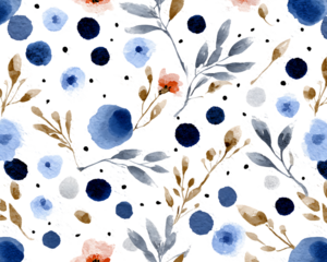 Watercolor floral pattern with blue flowers and leaves on black background isolated on a transparent background