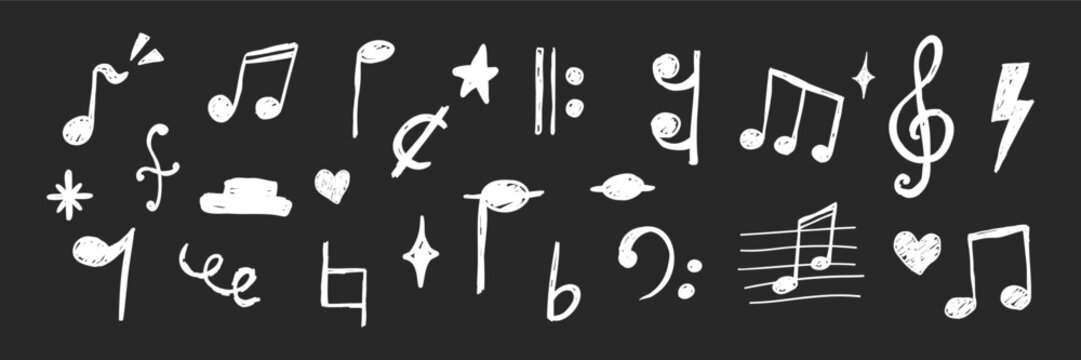 Music notes set crayon chalk pencil elements on dark background in sketch style. Back to school grunge texture. Whimsical music symbols, signs design element. Border 