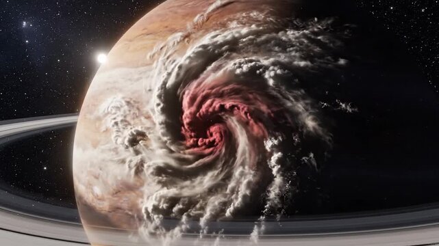 Massive Red Storm on a Ringed Gas Giant Exoplanet in Cosmic Space