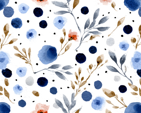 Watercolor floral pattern with blue flowers and leaves on black background isolated on a transparent background - Powered by Adobe