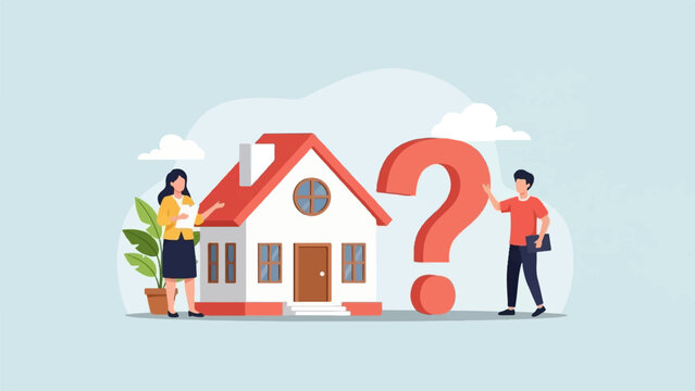 Cartoon illustration of people questioning house ownership, with a large red question mark