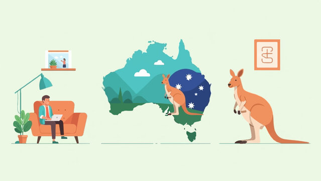 Australian map with kangaroos and a person working remotely on a laptop