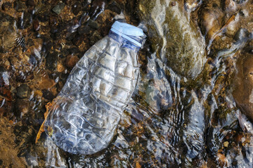Discarded clear plastic bottle lying on wet rocky ground illustrating bad environmental problem and...
