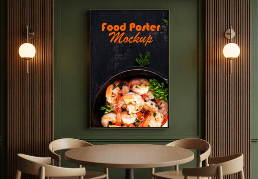 Restaurant Food Poster Mockup Above Table in Modern Interior