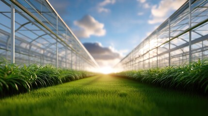 Sunlit Greenhouse Pathway with Lush Grass and Vibrant Plants Under Clear Blue Sky