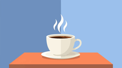 A steaming white cup of coffee rests on a saucer on a vibrant orange surface