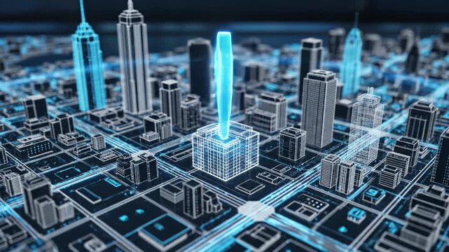 Futuristic city map holographic table with glowing location marker over building and illuminated streets, digital network lines connecting skyscraper grid and urban grid, neon blue map marker