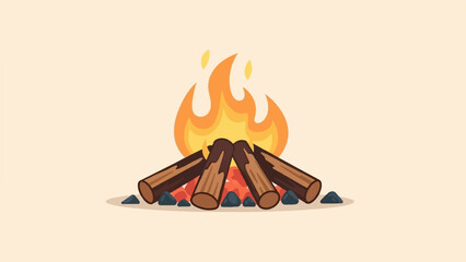 A stylized, cartoonish depiction of a campfire with burning logs and flames against a plain background
