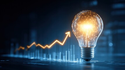 A glowing bulb signifies innovation as a rising arrow and bar graphs show progress on a dark background. The concept suggests successful advancement