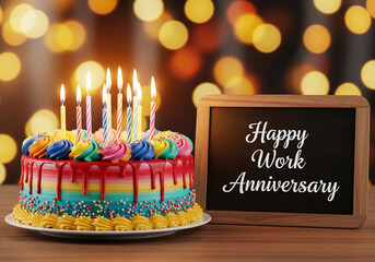 A vibrant cake with colorful icing and lit candles sits beside a small blackboard reading "Happy Work Anniversary," against a warm, festive bokeh background.