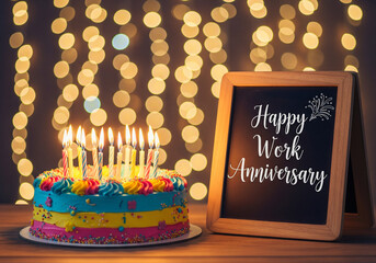 Colorful birthday cake with candles beside a sign reading "Happy Work Anniversary," against a backdrop of soft glowing lights.