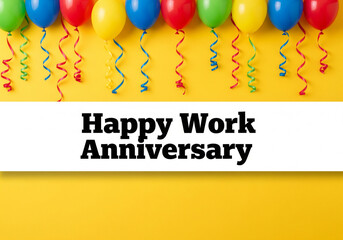 Colorful balloons hang above a bright yellow background with a banner that reads "Happy Work Anniversary."