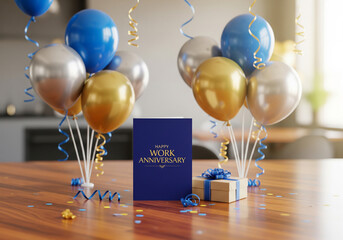 A festive scene featuring blue, gold, and silver balloons, a "Happy Work Anniversary" card, and a gift box on a wooden table.