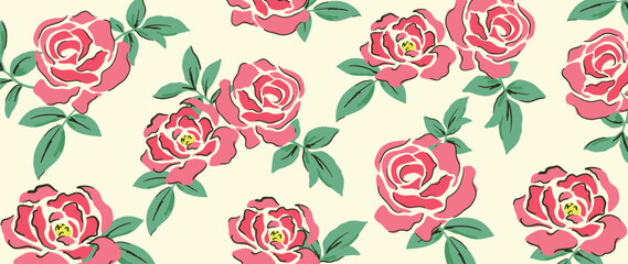 Pink rose flowers vector seamless floral pattern with cream background, scattered blooms, green leaves. Fresh spring summer background design for wallpaper, fabric, wrapping, web. © TWINS DESIGN STUDIO