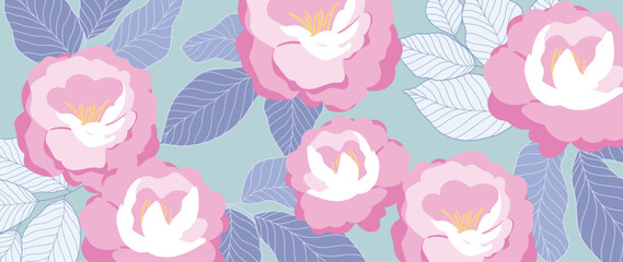 Pink peony flowers vector seamless floral pattern with light blue background, blue leaves, soft spring palette. Fresh spring summer background design for wallpaper, fabric, wrapping, web. © TWINS DESIGN STUDIO