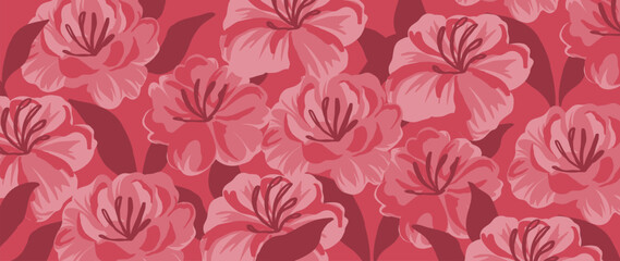 Pink camellia flowers vector seamless floral pattern with deep maroon background, layered petals, elegant repeat. Fresh spring summer background design for wallpaper, fabric, wrapping, web. © TWINS DESIGN STUDIO