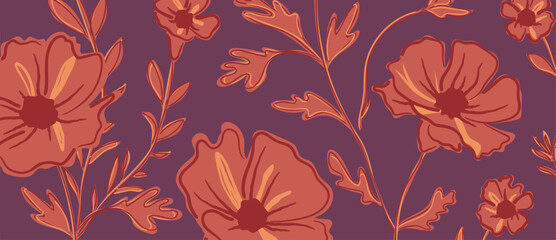 Orange poppy flowers vector seamless floral pattern with dark plum background, warm botanical foliage, vintage look. Fresh spring summer background design for wallpaper, fabric, wrapping, web. © TWINS DESIGN STUDIO