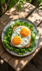 Smiling eggs on toast with fresh lettuce leaves on wooden table