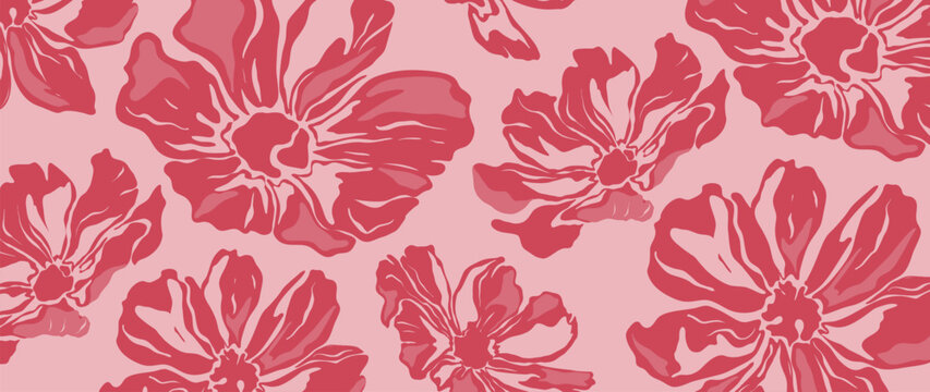 Red hibiscus flowers vector seamless floral pattern with pink background, floral silhouette, tropical summer mood. Fresh spring summer background design for wallpaper, fabric, wrapping, web.