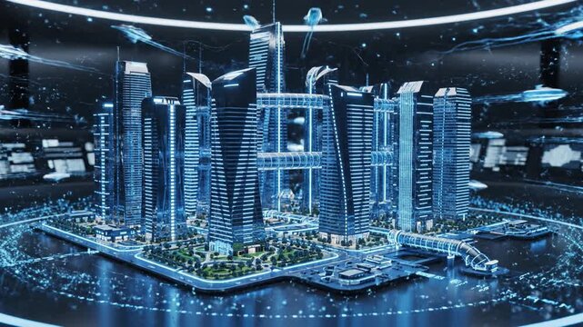 Futuristic glass city model with illuminated skyscraper cluster and elevated skybridges waterfront promenade, holographic map projection over circular platform with blue grid overlay and glowing city