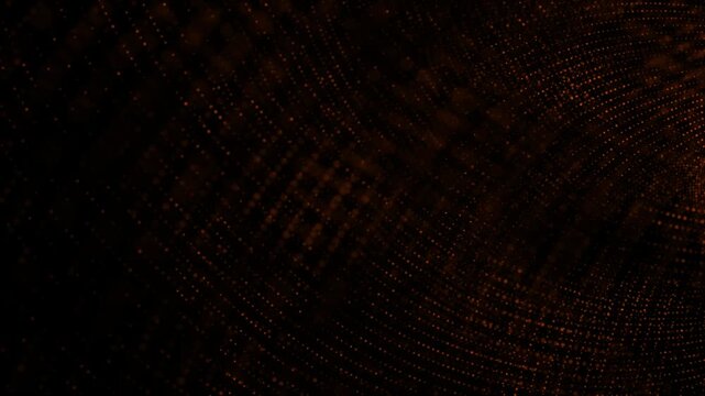 Abstract dark background with flowing orange particle waves, glowing dots and depth, creating elegant cinematic motion for tech, data, and luxury visuals.
