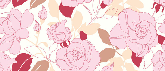Soft rose flowers vector seamless floral pattern with cream background, pink outlines, gentle spring palette. Fresh spring summer background design for wallpaper, fabric, wrapping, web. © TWINS DESIGN STUDIO