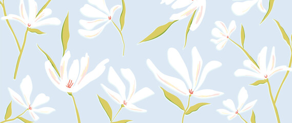 White magnolia flowers vector seamless floral pattern with light blue background, green stems, fresh spring mood. Fresh spring summer background design for wallpaper, fabric, wrapping, web. © TWINS DESIGN STUDIO
