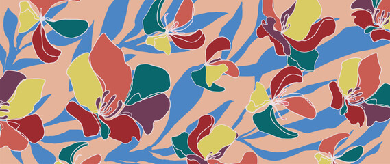 Abstract floral petals vector seamless floral pattern with beige background, multicolor leaves, modern geometric repeat. Fresh spring summer background design for wallpaper, fabric, wrapping, web. © TWINS DESIGN STUDIO