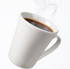 Steaming hot cup of coffee in white mug on plain background