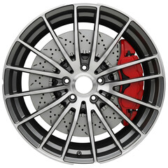 Obraz premium Close-up of sleek silver car wheel with red brake caliper