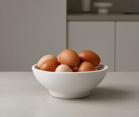 Brown eggs in a white bowl on a kitchen countertop
