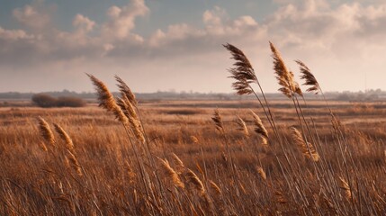 Tall, dry reeds are blowing in the wind in a field. A cloudy sky at sunset forms the backdrop of the rural autumn landscape