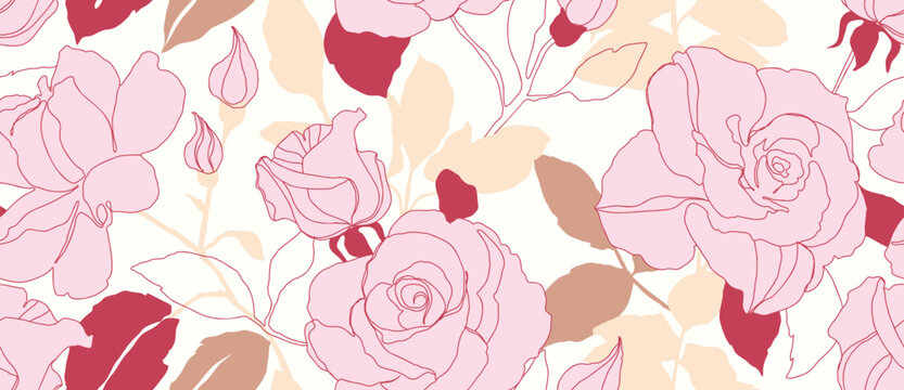 Soft rose flowers vector seamless floral pattern with cream background, pink outlines, gentle spring palette. Fresh spring summer background design for wallpaper, fabric, wrapping, web.