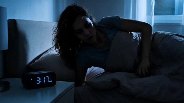 Woman Awake in Bed at 3AM with Clock Insomnia Concept Motion Loop
