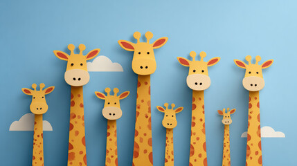 Cute cartoon giraffes with long necks against blue sky background.