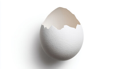 Closeup of a cracked empty white eggshell on white background.