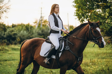 Obraz premium Young beautiful blonde woman jockey rides a brown horse in a meadow at sunset in summer. Preparing for an equestrian competition.