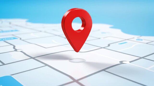 Red map marker hovering above street grid map location concept with navigation travel feeling bright modern design shallow depth of field and red location marker city map pointing specific