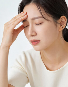 Young woman suffering from headache, closeup portrait on white background.