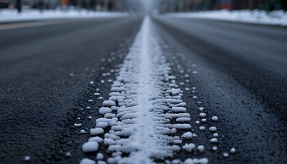 a snow covered road with a white line down the middle of it on a winter day with snow on the ground