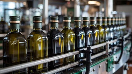 a row of wine bottles on a conveyor belt in a factory setting with green glass high quality professional